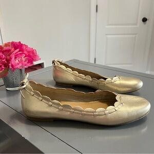 Jack Rogers Lucie Gold Metallic Leather Scalloped Ballet Flats with Bow Details